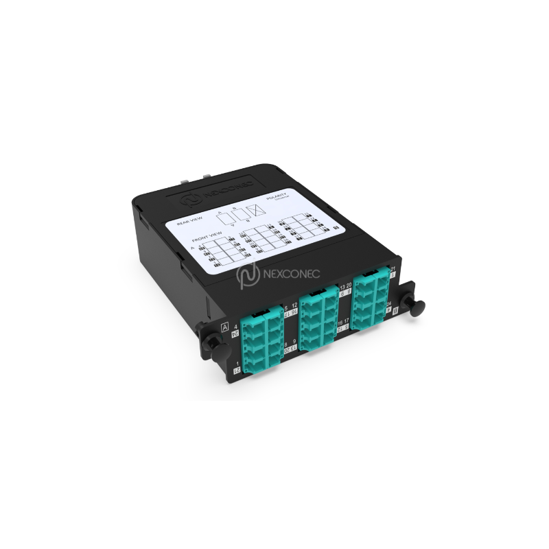 Module HD MPO-LC Elite 24FO MM OM3/4 Aqua Pol B, avec volet (2x MPO-12 vers 6x L
