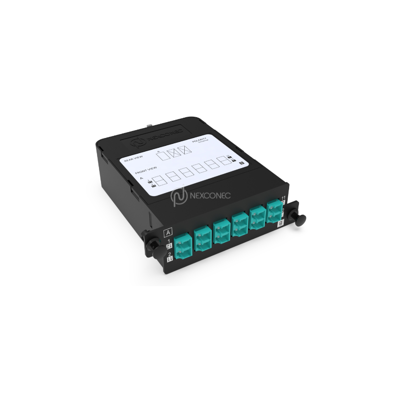 Module HD MPO-LC/UPC Elite 12FO OM4 Aqua Pol B, avec volet (1x MPO-12 vers 6x LC