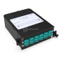 Module HD MPO-LC/UPC Elite 12FO OM4 Aqua Pol B, avec volet (1x MPO-12 vers 6x LC