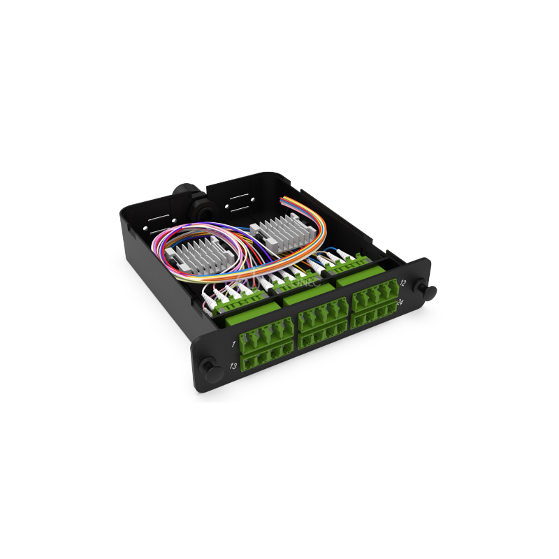 Module d'épissure LGX LC/APC 24FO SM vert chargé 24x tresses LC/APC G657A1 obtur
