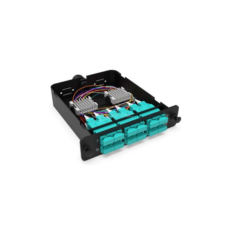 Module d'épissure LGX SC 12FO MM Aqua chargé 12x Pigtails SC/UPC OM3 600um color