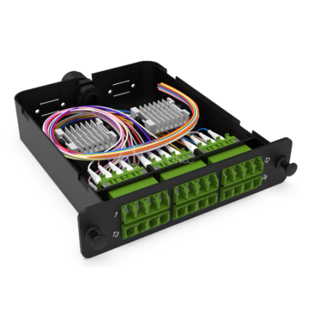 Module d'épissure LGX LC/APC 24FO SM vert chargé 24x tresses LC/APC G657A1 obtur