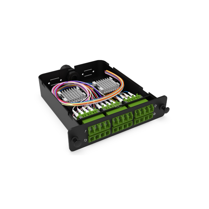 Module d'épissure LGX LC/APC 24FO SM vert chargé 24x tresses LC/APC G657A1 obtur