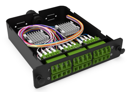 Module d'épissure LGX LC/APC 24FO SM vert chargé 24x tresses LC/APC G657A1 obtur