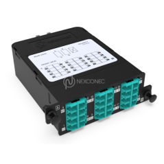 Module HD MPO-LC Elite 24FO MM OM3/4 Aqua Pol B, avec volet (2x MPO-12 vers 6x L