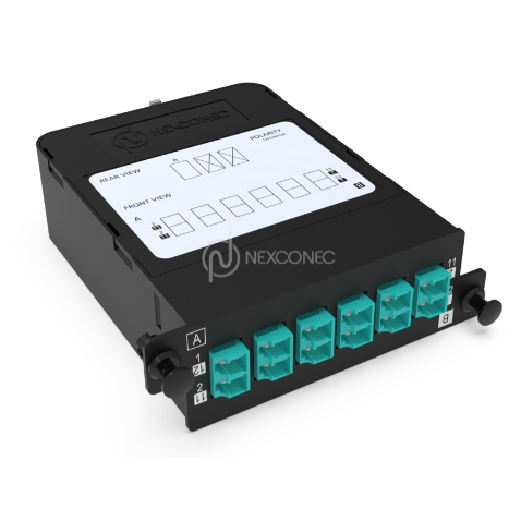 Module HD MPO-LC/UPC Elite 12FO OM4 Aqua Pol B, avec volet (1x MPO-12 vers 6x LC
