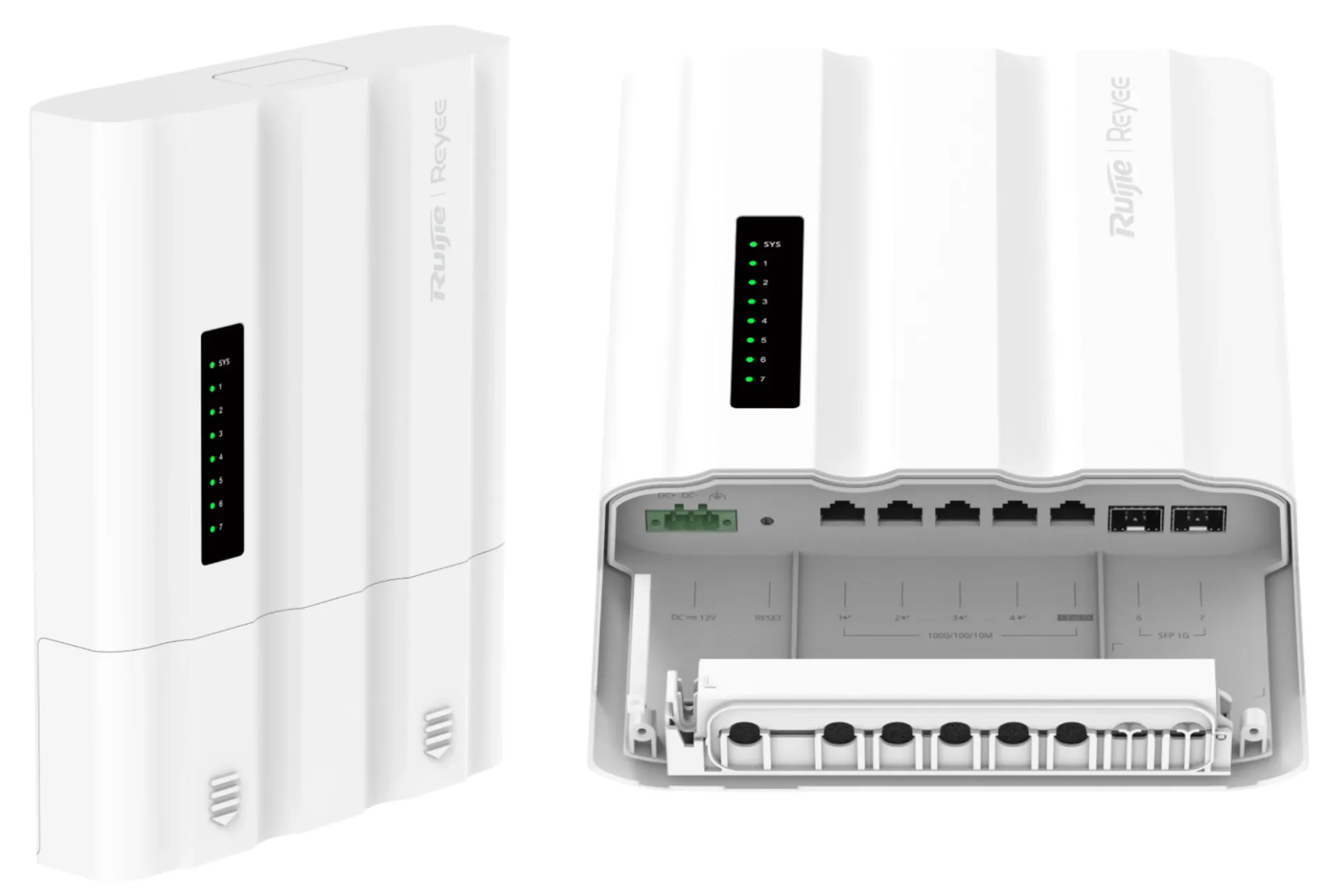RG-ES207GS-PI-OD, Switch extérieur Gigabit à 7 ports avec entrée PoE/CC · Entrée PoE ou 12 V CC · 2 ports SFP pour ERPS ·